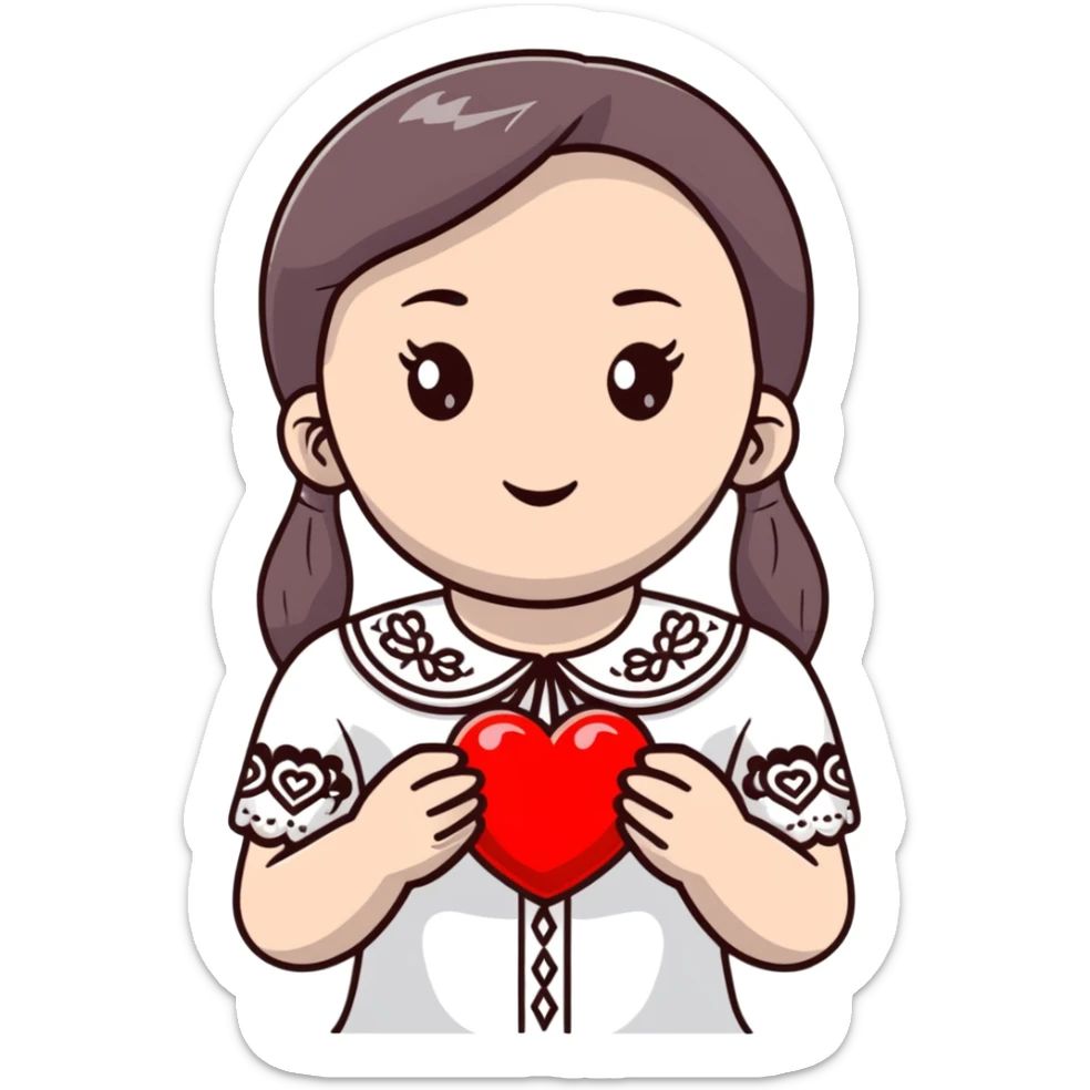 Beautiful young girl in a white Ukrainian embroidered shirt holds a large embroidered heart in her hands sticker