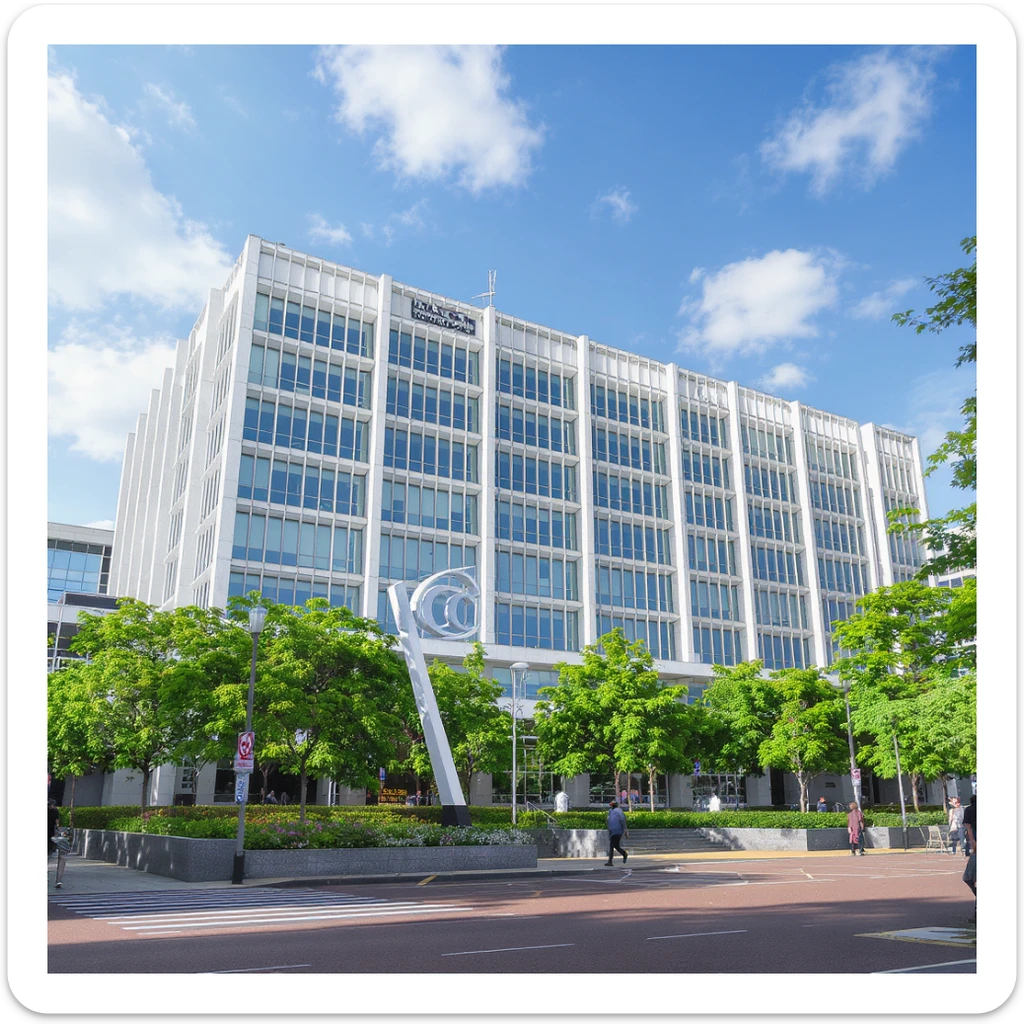 Zoom out slightly for a wider view of the whole International Criminal Court (ICC) building in The Hague, maintaining the cinematic, realistic style with majestic bright modern architecture, lifelike detail, bright lighting, iconic sign, and accurate colors. Preserve the transparent background. sticker