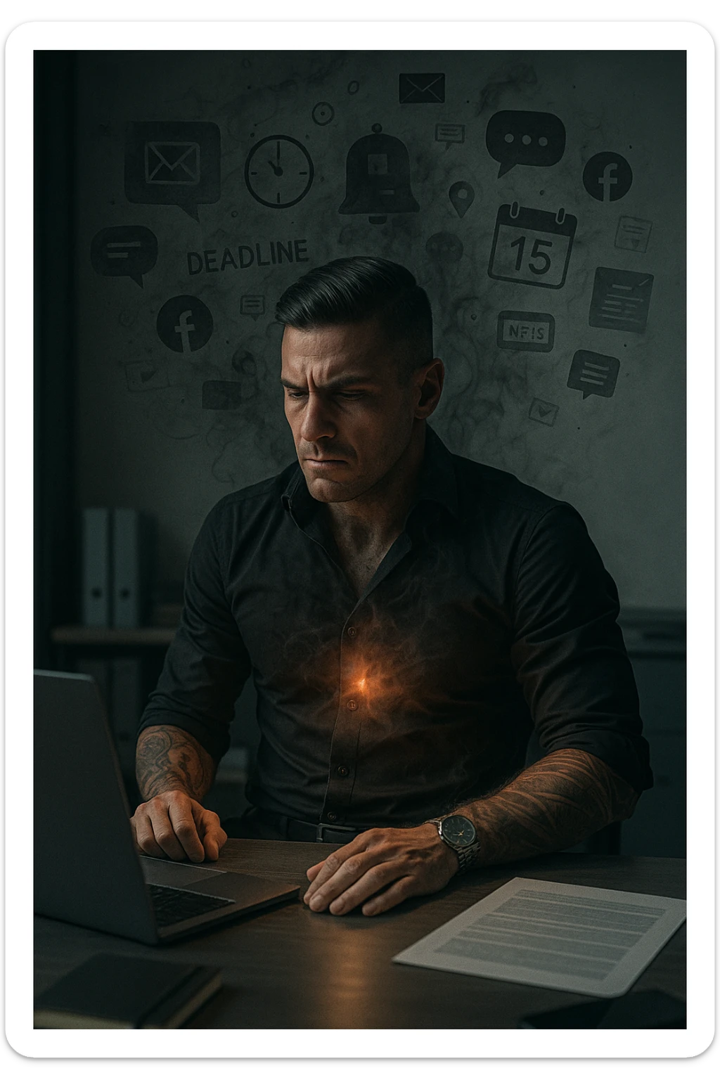 A highly realistic, cinematic image of a young man in his early 30s, sitting at a modern office desk under harsh artificial lighting, shoulders hunched, jaw clenched, and breathing shallowly, symbolizing how modern society forces people to live in a state of chronic tension and restricted breathing. Around him, faint black and grey visual elements represent notifications, deadlines, social media icons, and news alerts, swirling around his head like a chaotic storm, symbolizing societal pressure. His chest appears visually tight and compressed, and faint dark smoke emanates from his body, representing blocked breath and internalized stress. In contrast, a faint glowing light near his chest and abdomen tries to expand, symbolizing the innate desire of the body to breathe freely and deeply. The environment is cold and minimalistic, with a sense of stillness and tension, captured in a hyperrealistic 35mm film style with muted colors, focusing on the man's tense posture and restricted breathing to reflect the unseen burden of modern living. sticker