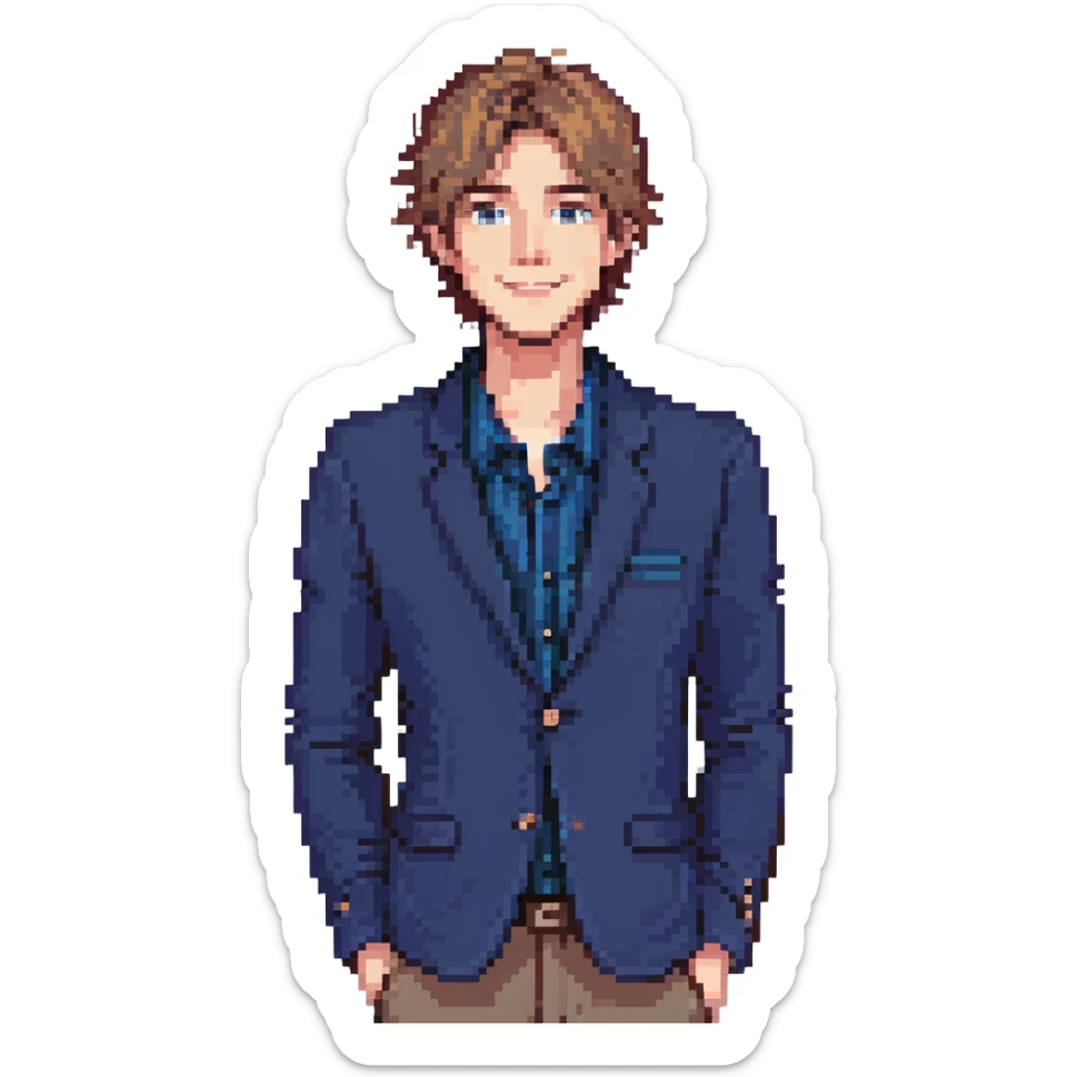 Flat pixel are, lively and clever male debater, fair skin, short messy light brown hair, sharp eyes with a mischievous smile, wearing indigo blazer over a casual t-shirt, one hand raised mid-gesture, waist-up, front-facing sticker