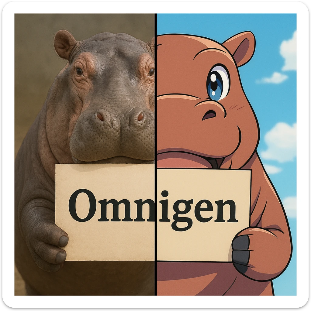 two hippo holding sign of omnigen, half picture 1 hippo is realistic another half is the anime of that same second hippo sticker