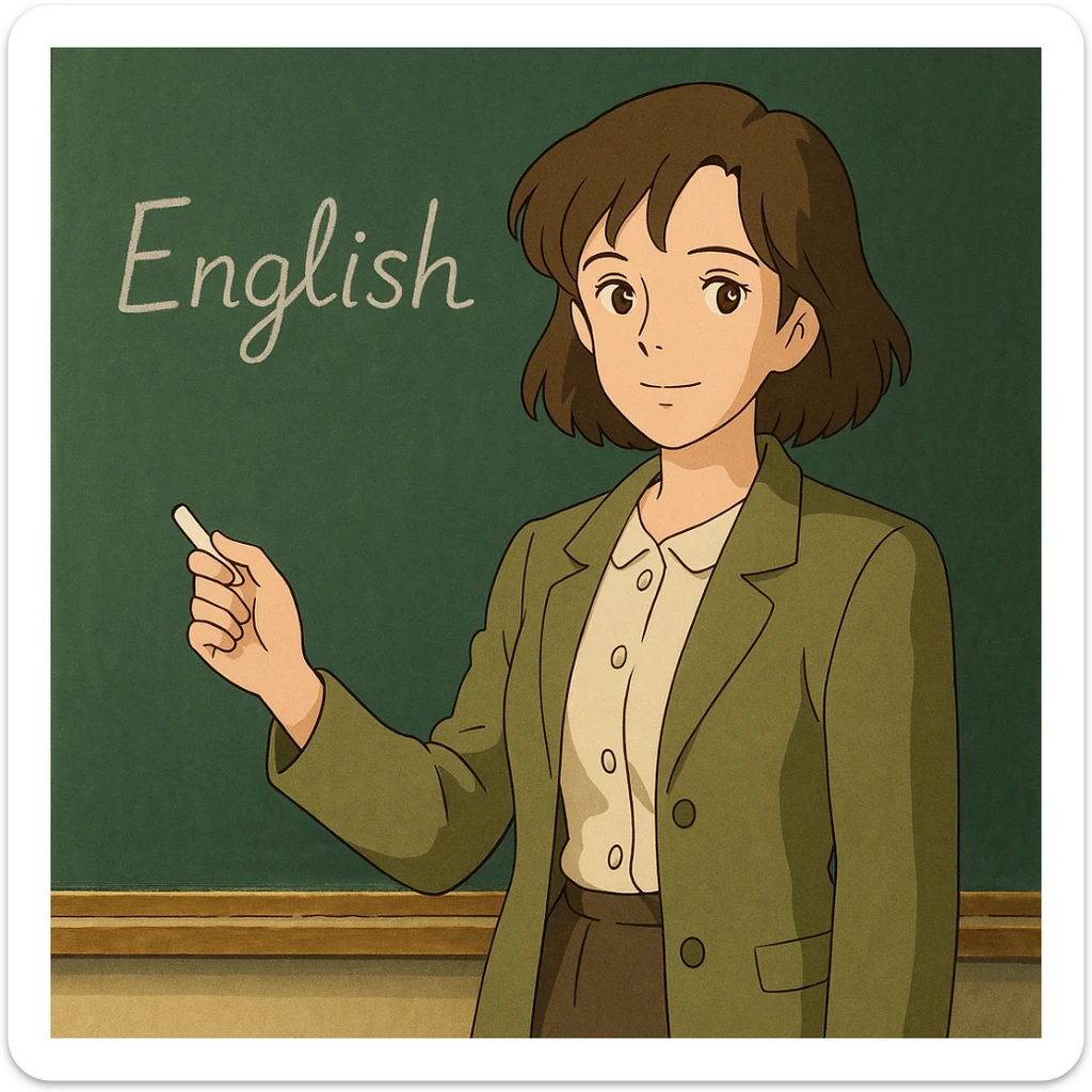 woman English teacher with brown hair, standing by a chalkboard, in ghibli style sticker