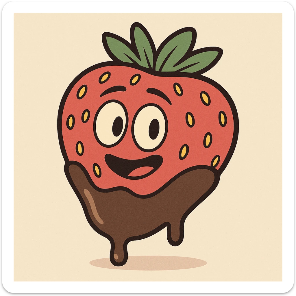 a strawberry in chocolate, cartoon style, vibrant colors, simple shapes sticker