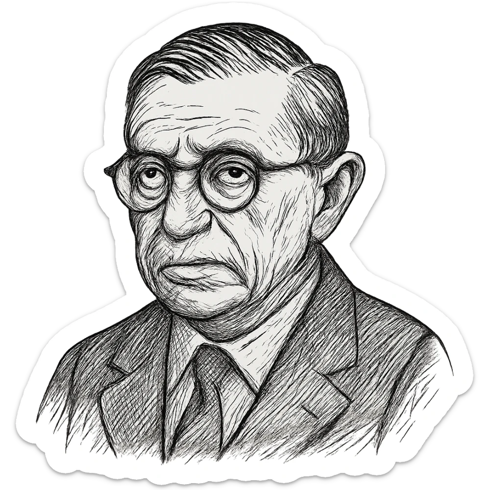 Enhance the Jean-Paul Sartre black outline icon with more detailed and refined facial features, hair, and clothing. Emphasize his round glasses while maintaining the hand-drawn black outline style and transparent background. sticker