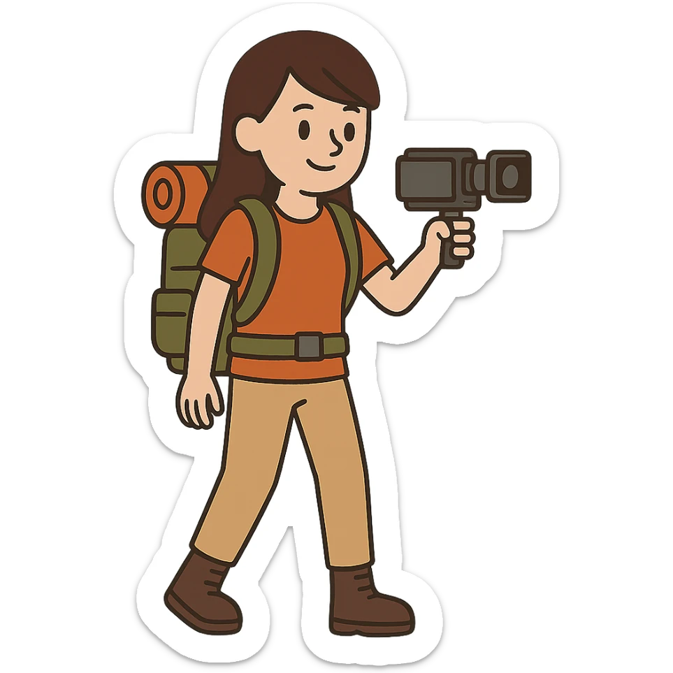 flat toon style hiking woman with brown hair holding a video camera sticker