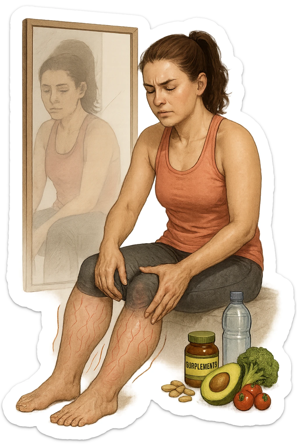 Donna tra i 25 e i 35 anni in abbigliamento sportivo, seduta o in piedi davanti allo specchio, mentre massaggia con forza le sue gambe gonfie, con espressione determinata ma affaticata. Intorno alle gambe si vedono simboli visivi di gonfiore e ritenzione (gambe leggermente arrossate, vene visibili, contorni delle gambe evidenziati da linee simboliche). Sullo sfondo: integratori naturali, alimenti sani e una bottiglia d’acqua, come strumenti di supporto. Atmosfera di lotta personale, luce neutra ma con accenti di speranza. Stile realistico e educativo sticker