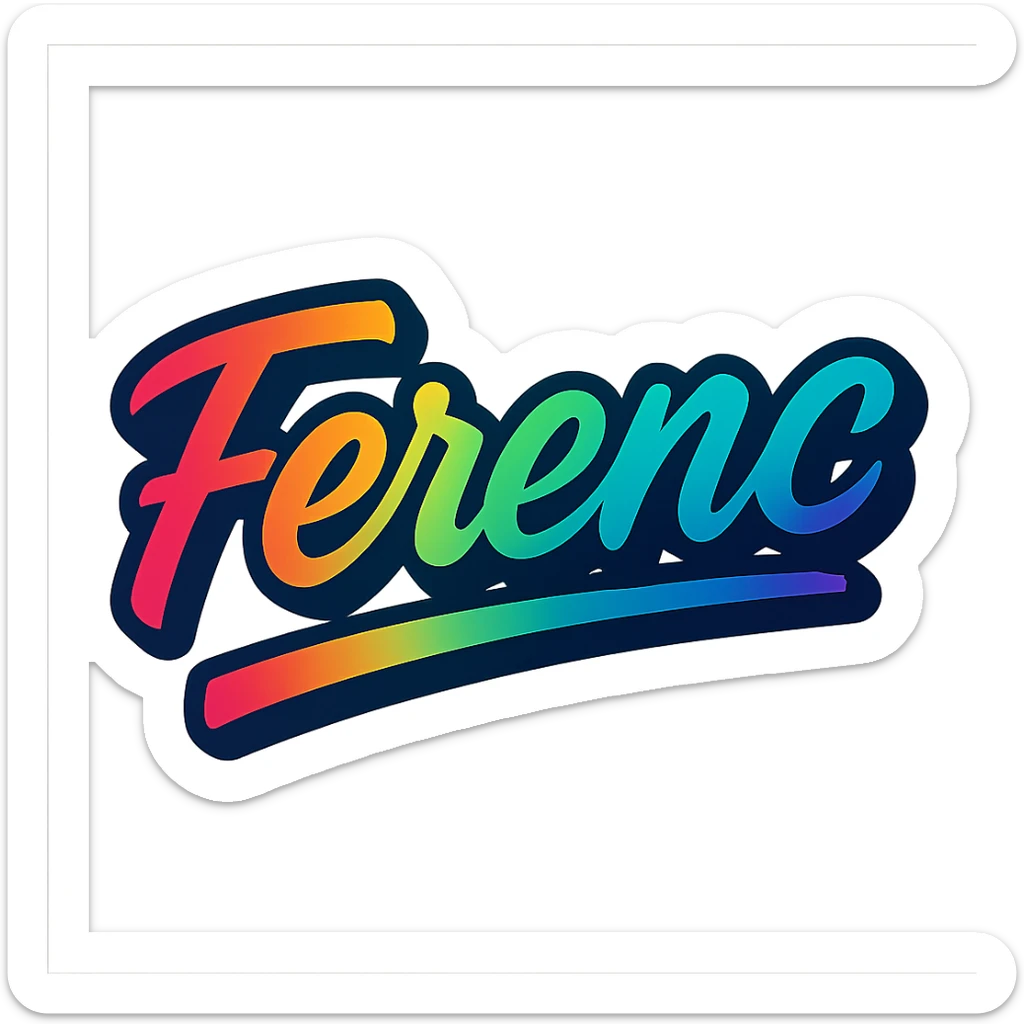 The name Ferenc in a modern, colorful gradient font with a dark outline, on a transparent background, with the name underlined or partially underlined with a dynamic, slanted underline, in the style of the sample images. sticker