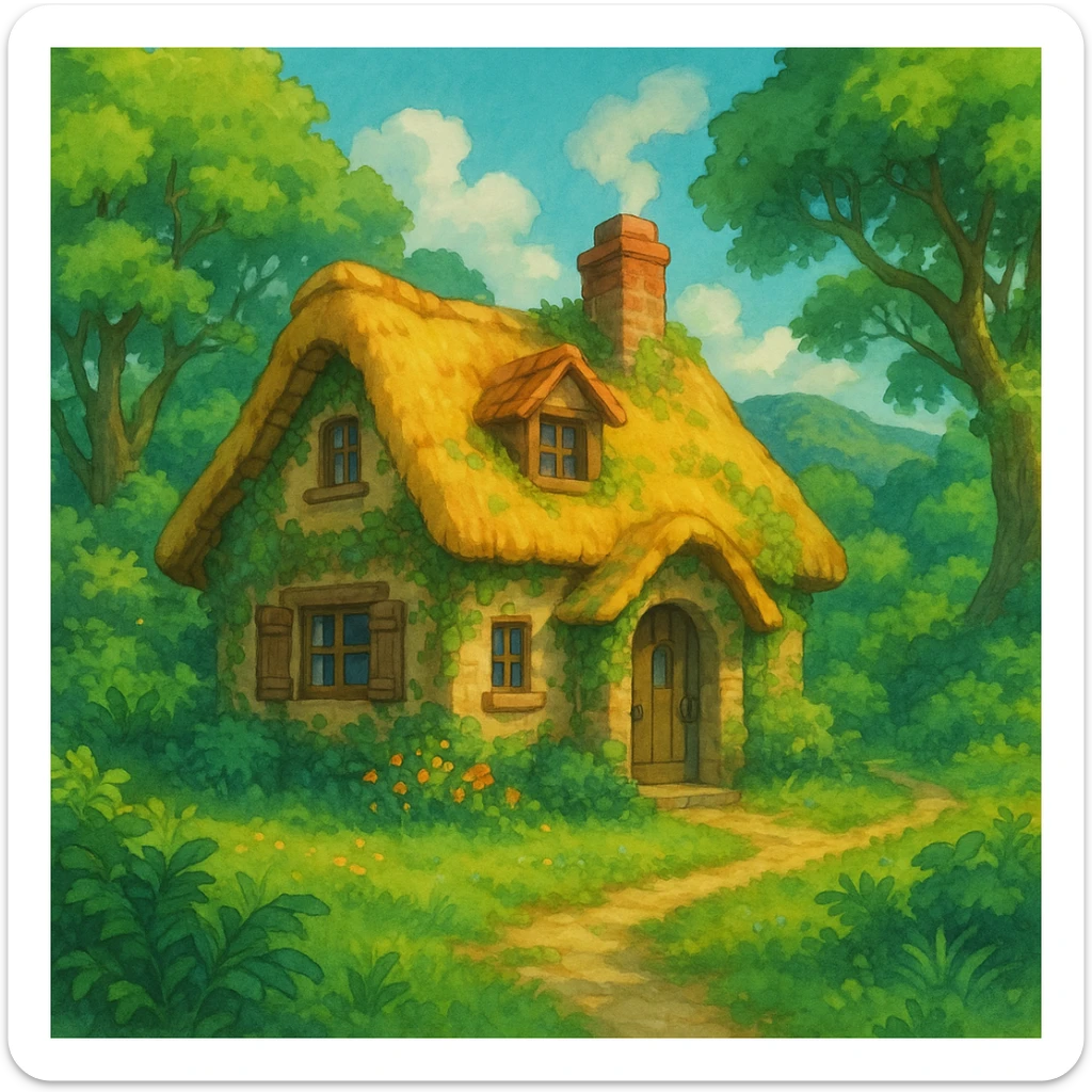 a cozy cottage in a magical landscape with lush greenery in Ghibli style sticker