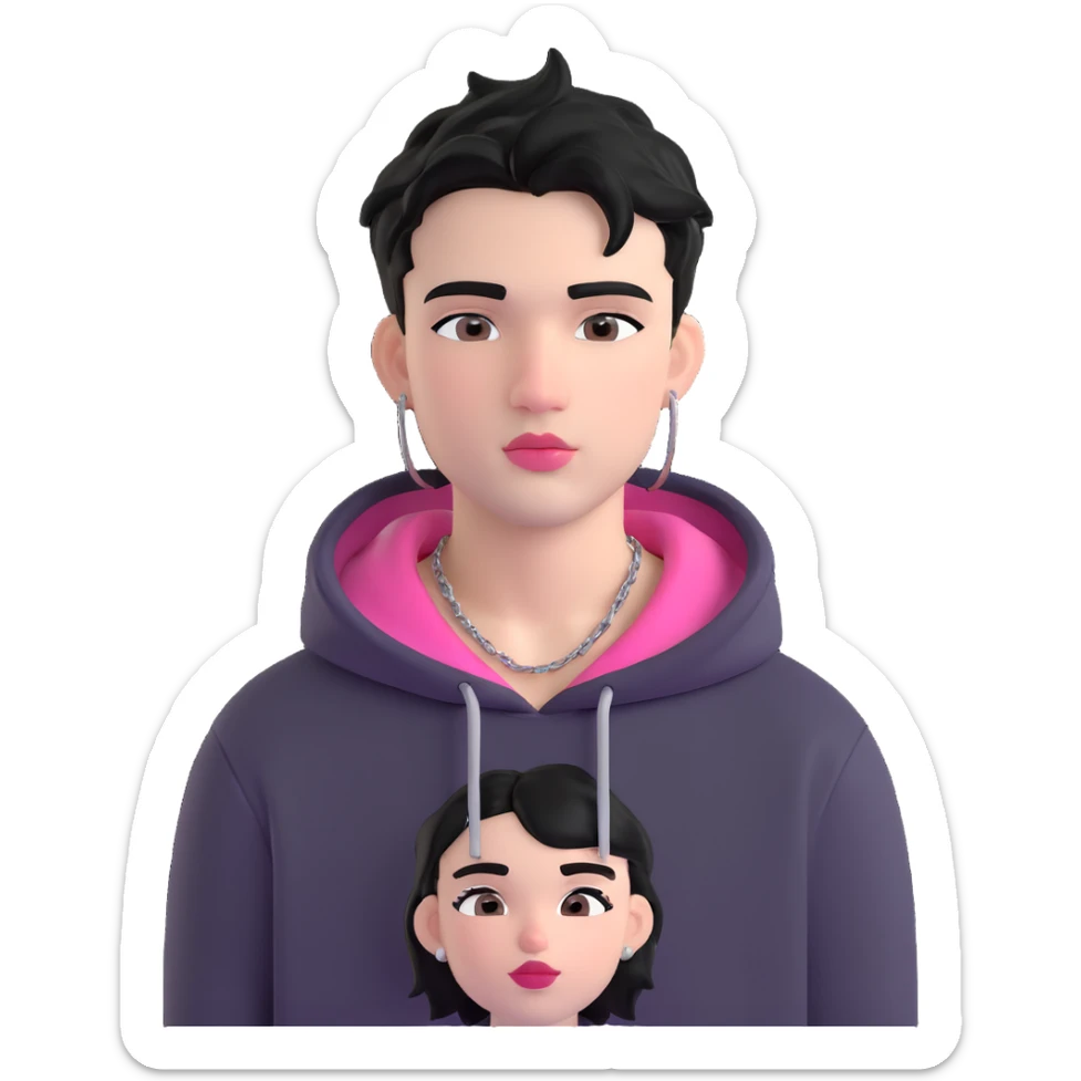 AI emoji character of a young man with short tousled black hair, fair skin, pink lips, nose piercing, eyebrow piercing, silver earrings, thin chain necklace, wearing hoodie and graphic t-shirt, neutral confident look, soft cartoonish yet realistic style emphasizing facial details and accessories sticker