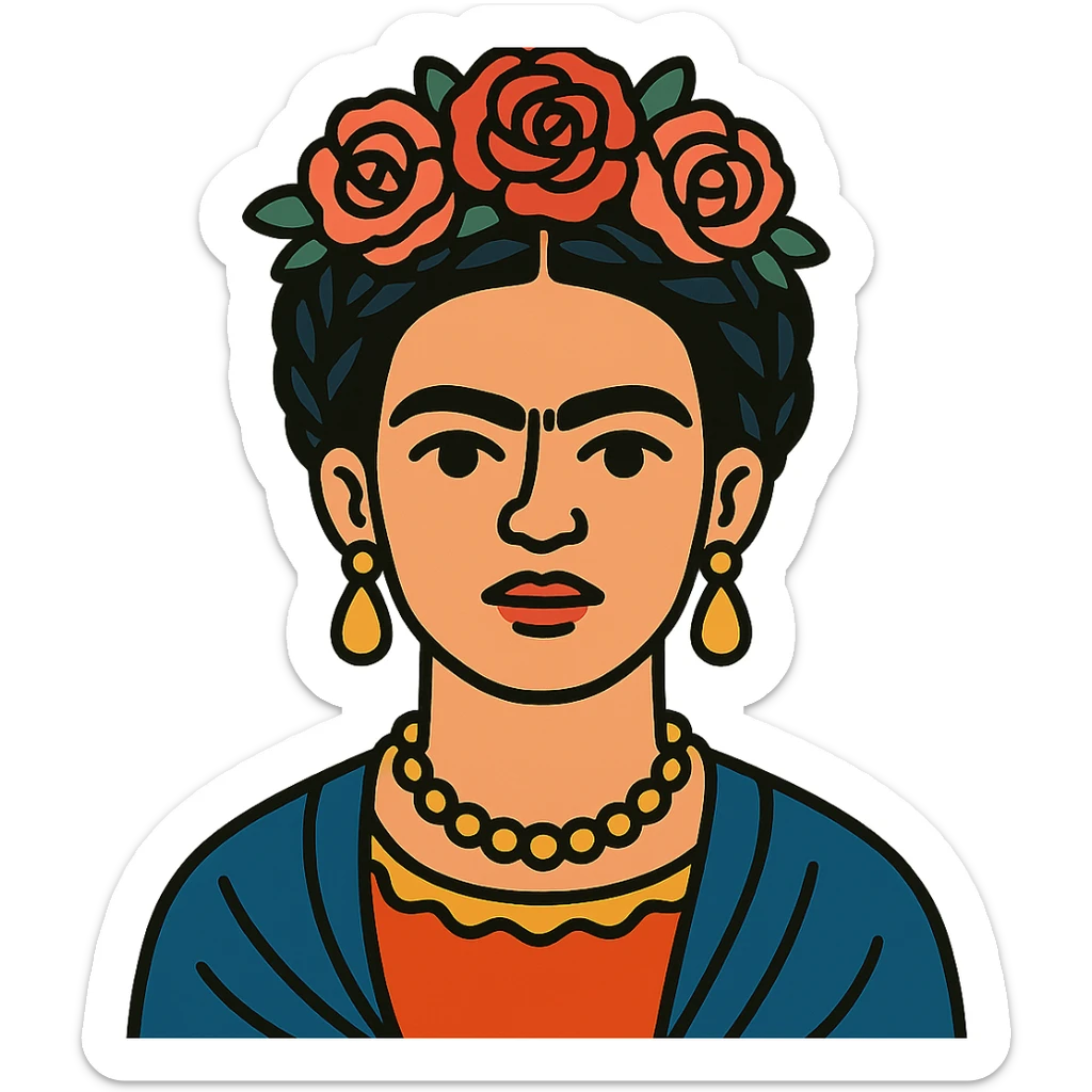 Flat toon style portrait of Frida Kahlo with bold lines and colorful details sticker