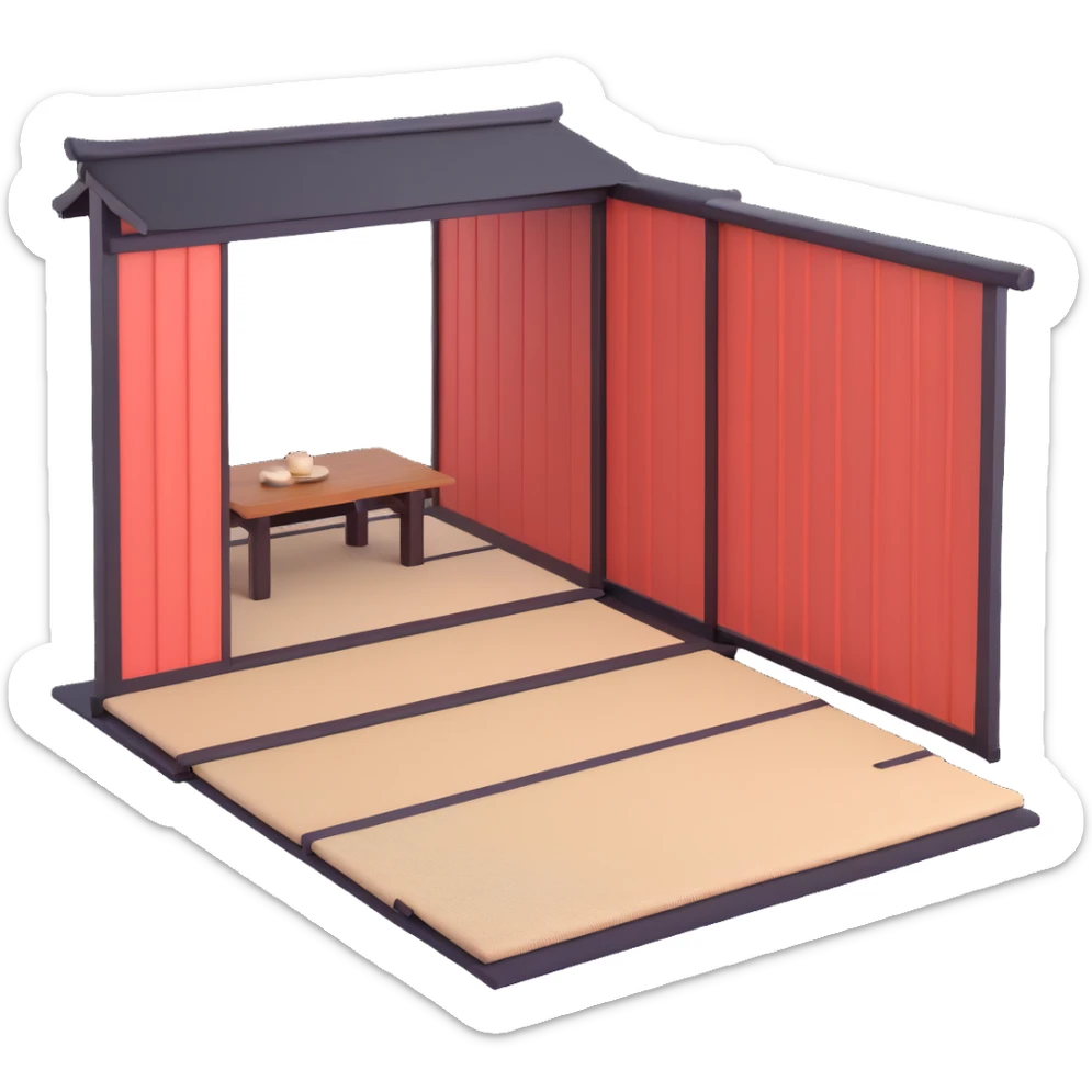 traditional Japanese house with wooden structure, sliding shoji doors, and tatami mat flooring sticker