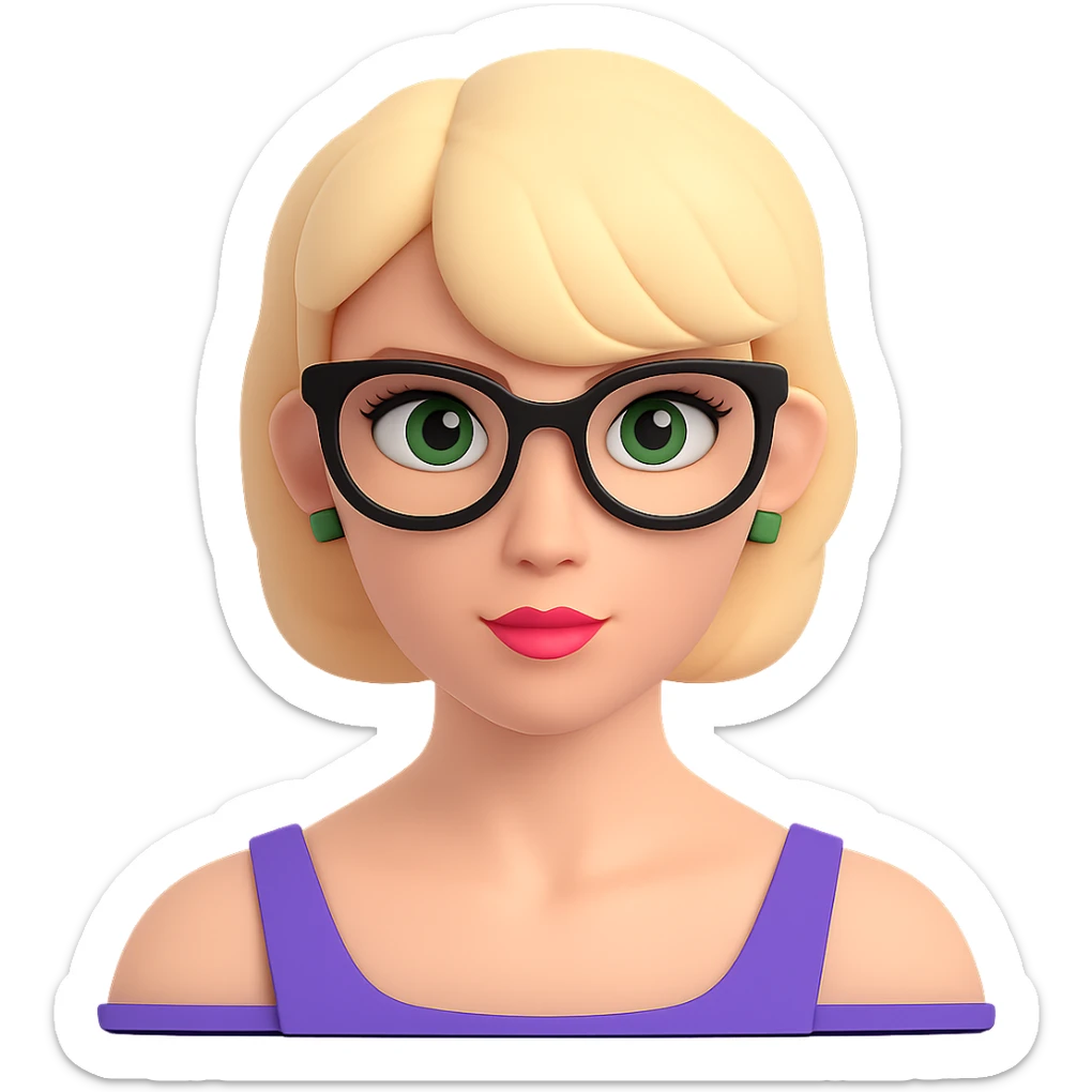 Add stylish glasses to the woman with thick blonde short hair and green eyes in a 3D emoji style. Keep the 3D emoji look consistent and remove the background. sticker