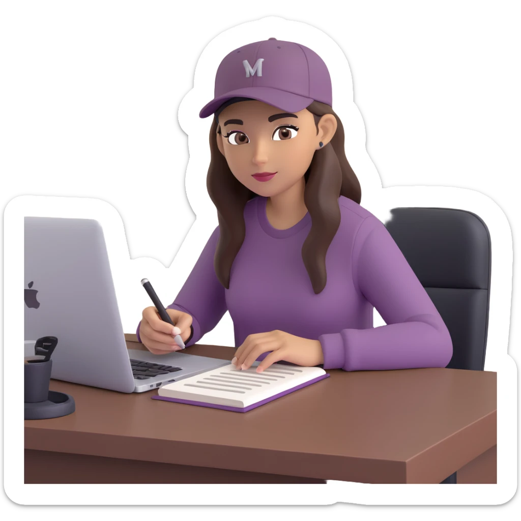 young woman with olive skin and long, dark brown hair, wearing a long-sleeved dark mauve shirt. She is wearing a black baseball cap.. She's sitting at a sleek wooden desk with a hardcover book, and to her right is a white coffee mug, while she looks and types on a silver MacBook.  sticker