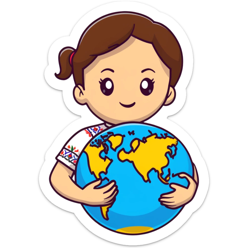Beautiful young girl with brown hair wearing a white Ukrainian embroidered shirt holding a globe in her hand sticker