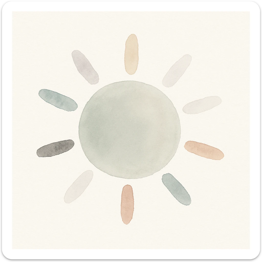 A sun illustrated in a watercolor painting style, with soft edges and blended colors sticker
