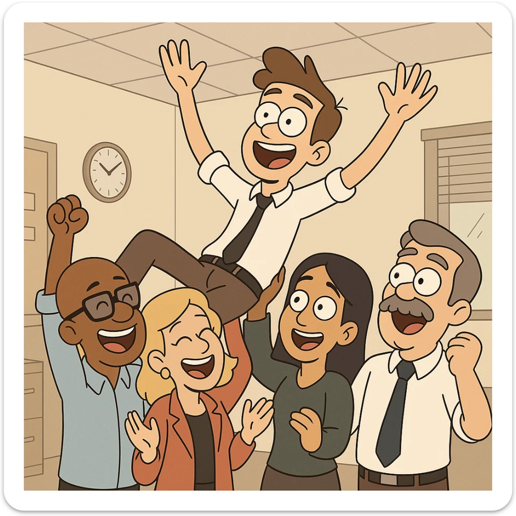 cartoon illustration of a young office worker in a shirt and tie, held up by a diverse group of colleagues, all smiling and cheering, office celebration sticker