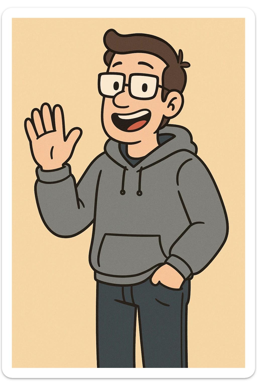 Pastel Yellow shirts Pacific Grey Hoodie dark blue jeans pockets a hand say hello sticker