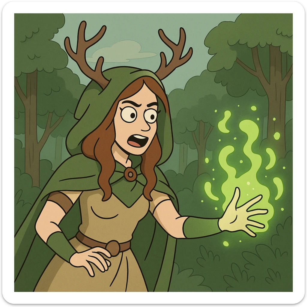 cartoon style female druid, casting a nature spell, glowing green energy, forest background sticker