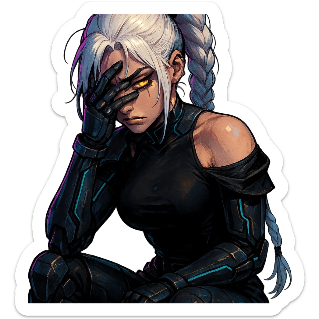 closeup portrait of a young woman in armor, maximum power, facepalm smh expression, gold yellow eyes, white hair in a long braid, black off-shoulder top, d-cup, punk gothic style, futuristic cyberwave cyberpunk, sitting position sticker