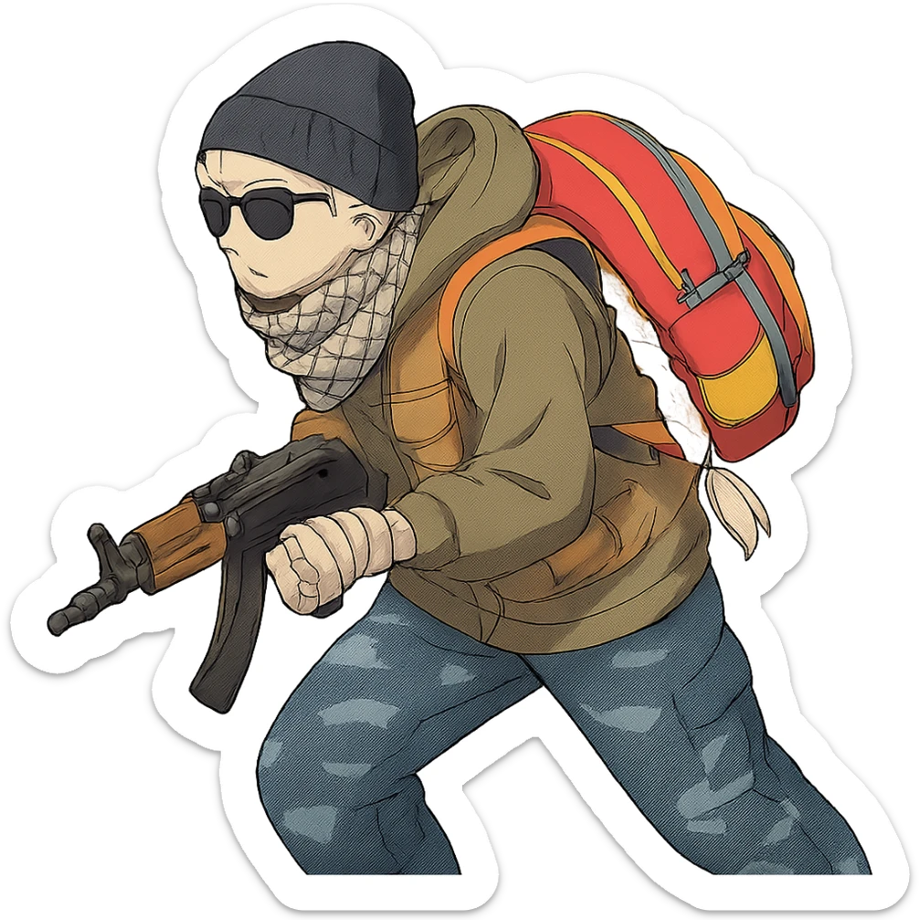 1 female, long white braid, knit cap, dark sunglasses, shemegh neckwrap, fishing vest, vibrant shool backpack, drab hoodie, handwraps, blue camo pants, AKS-74U, hunched over, on the move sticker