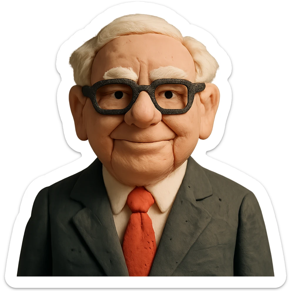 Warren Buffett wearing glasses and a suit in claymation style sticker