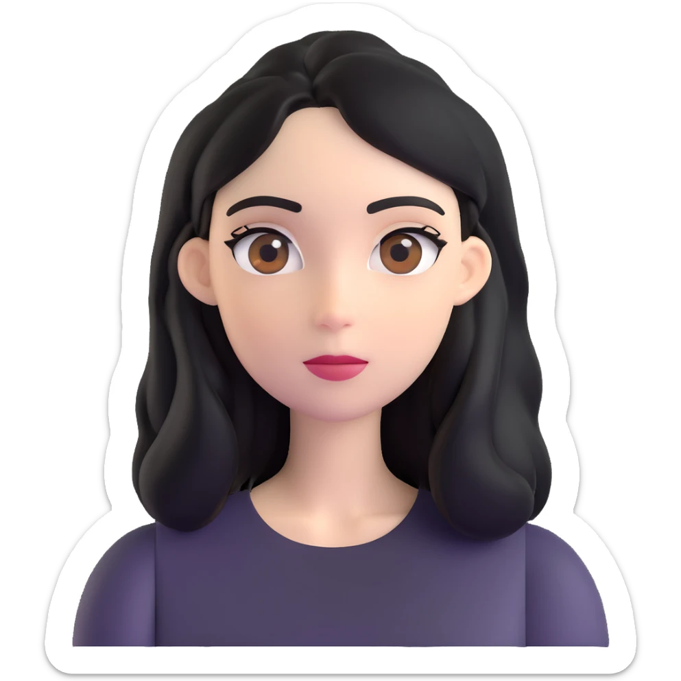 white woman with rounded brown eyes, long black hair, black blouse, looking to the side sticker