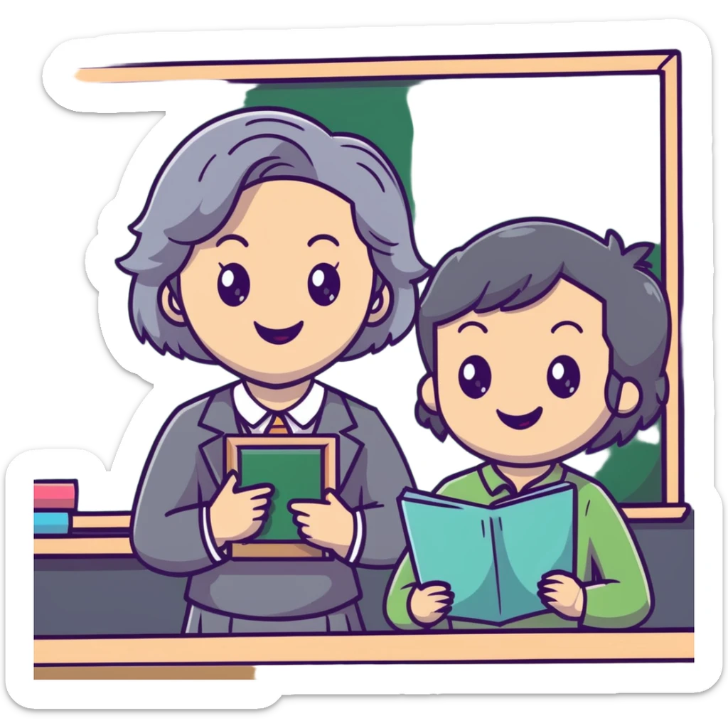 smiling English teacher with airtouch hair and grey-green eyes teaching in a classroom with chalkboard sticker