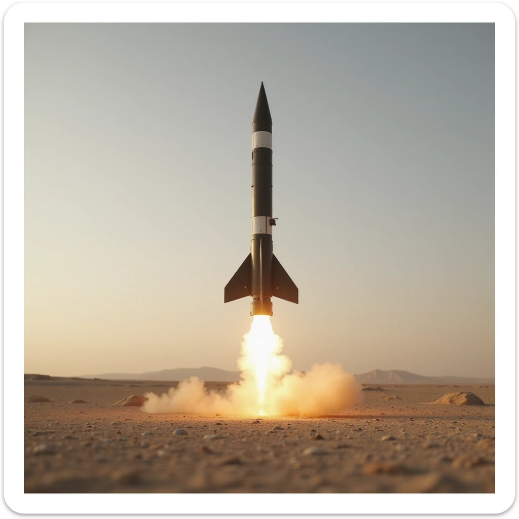 realistic ballistic missile, Photorealism, in a desert landscape sticker