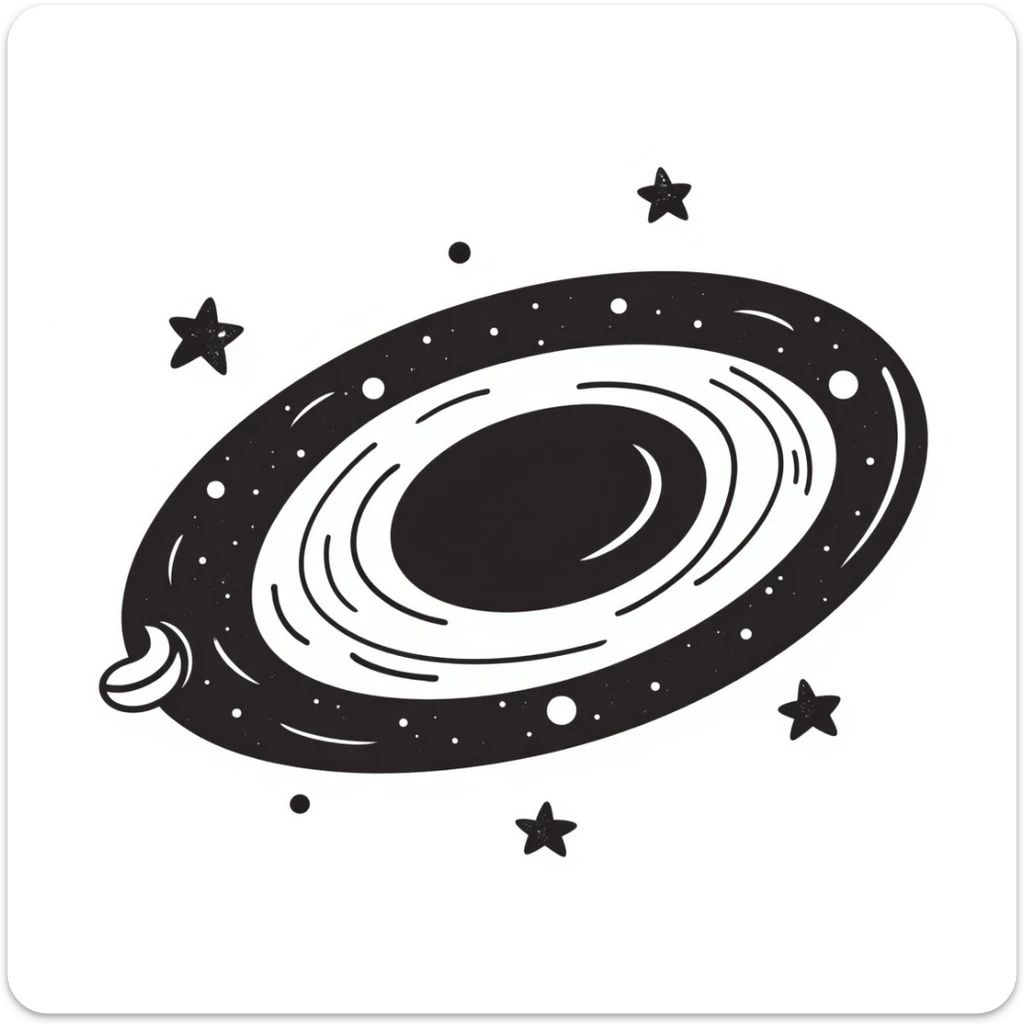 Milky Way galaxy, black doodle style, hand-drawn spiral and stars, simple and whimsical sticker