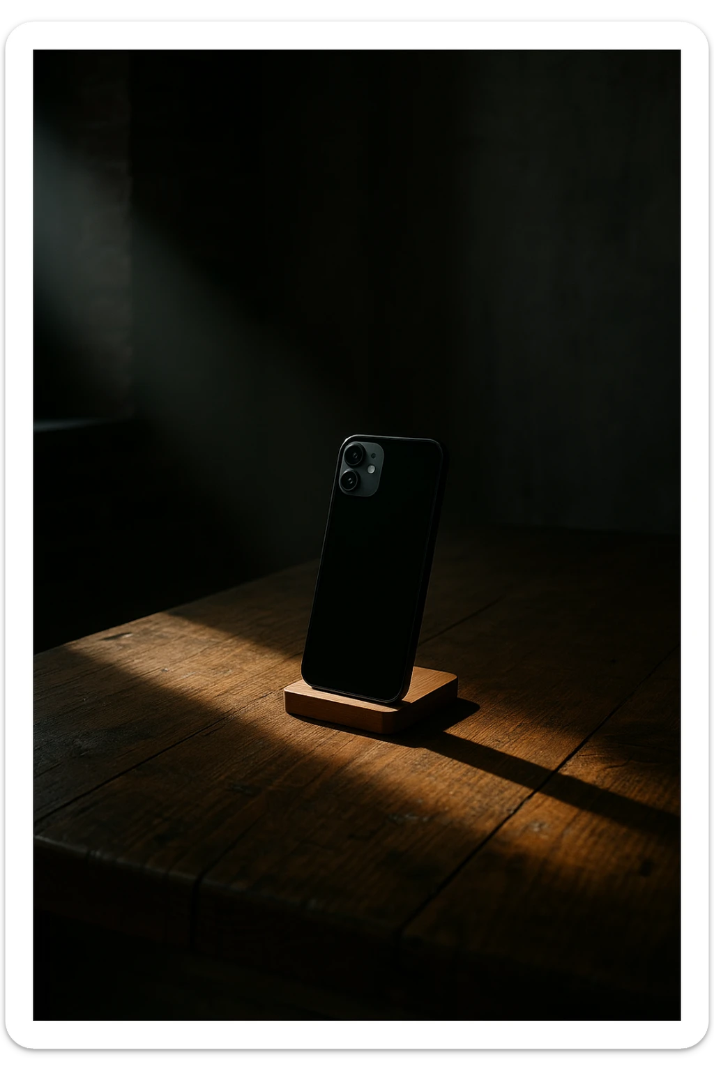 dark room in loft style, iphone lies on a wooden table on a stand, a beam of light shines directly on it and on the table sticker