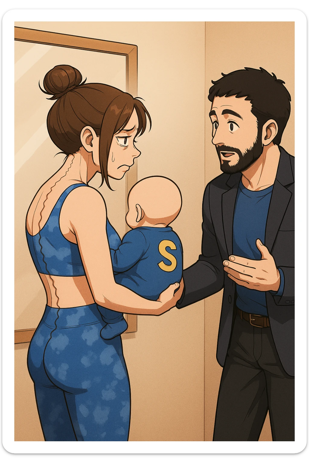 ispirati a questo stile di disegno e fai questa immagine in versione manga/webtoon a colori, il manga mostra la donna che si guarda alla specchio preoccupata di profilo con la postura sbagliata e incurvata, spalle chiuse e curve in avanti, con un neonato in braccio con una tutina azzurra e la scritta "S" sulla schiena, spina dorsale storta della donna in evidenza mentre al suo fianco anche l'uomo guarda la donna riflessa nello specchio e le spiega una cosa, ma non fare i fumetti, fai come se stessero parlando sticker