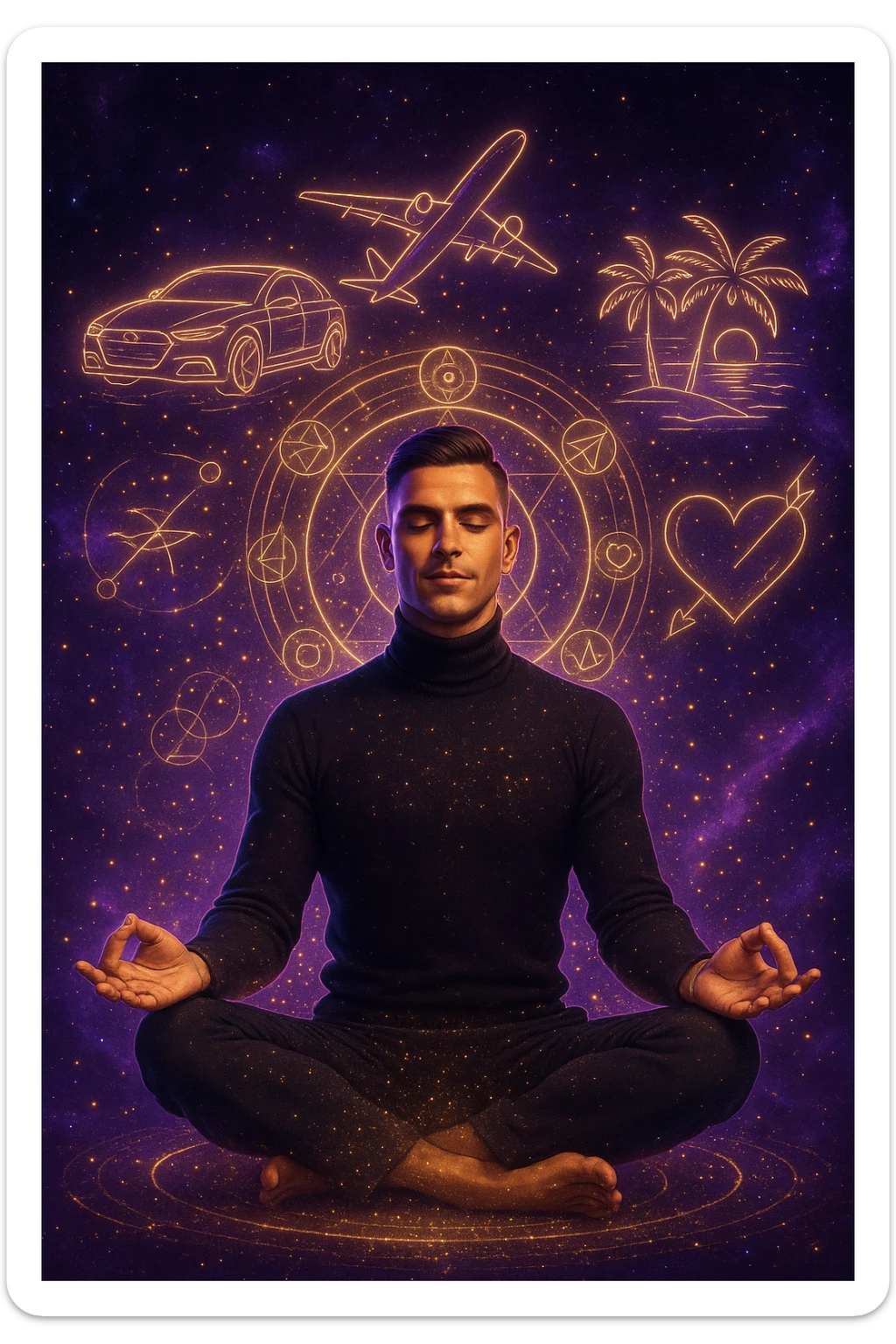 "Un uomo in meditazione fluttuante nello spazio cosmico, circondato da particelle dorate e simboli alchemici. Intorno a lui, oggetti e situazioni dei suoi desideri (auto, viaggi, amore) si materializzano come ologrammi luminosi. Stile cyber-mistico, colori viola e oro." sticker
