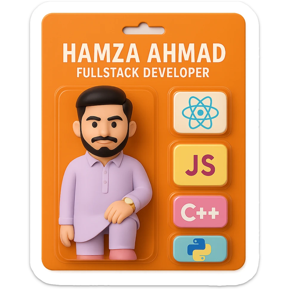 Refine the action figure toy to match the person in the new photo exactly: make the jawline sharp and defined, and adjust the hairstyle to match the photo. Keep the realistic vinyl figure style, strong orange card, and all previous details including blisters with React, JS, C++, Python logos, and the text 'Hamza Ahmad' and 'FullStack Developer'. Ensure the face and hair are accurate and not exaggerated. sticker