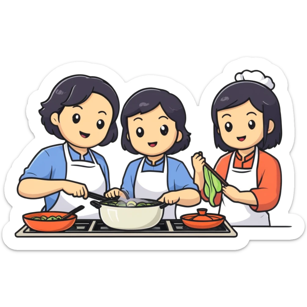 East Asian family with black hair cooking together in the kitchen sticker