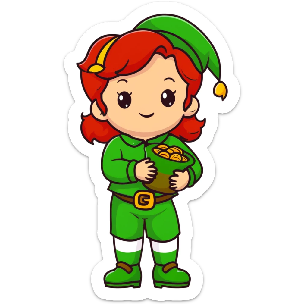 girl with red hair and brown eyes with a leprechaun sticker