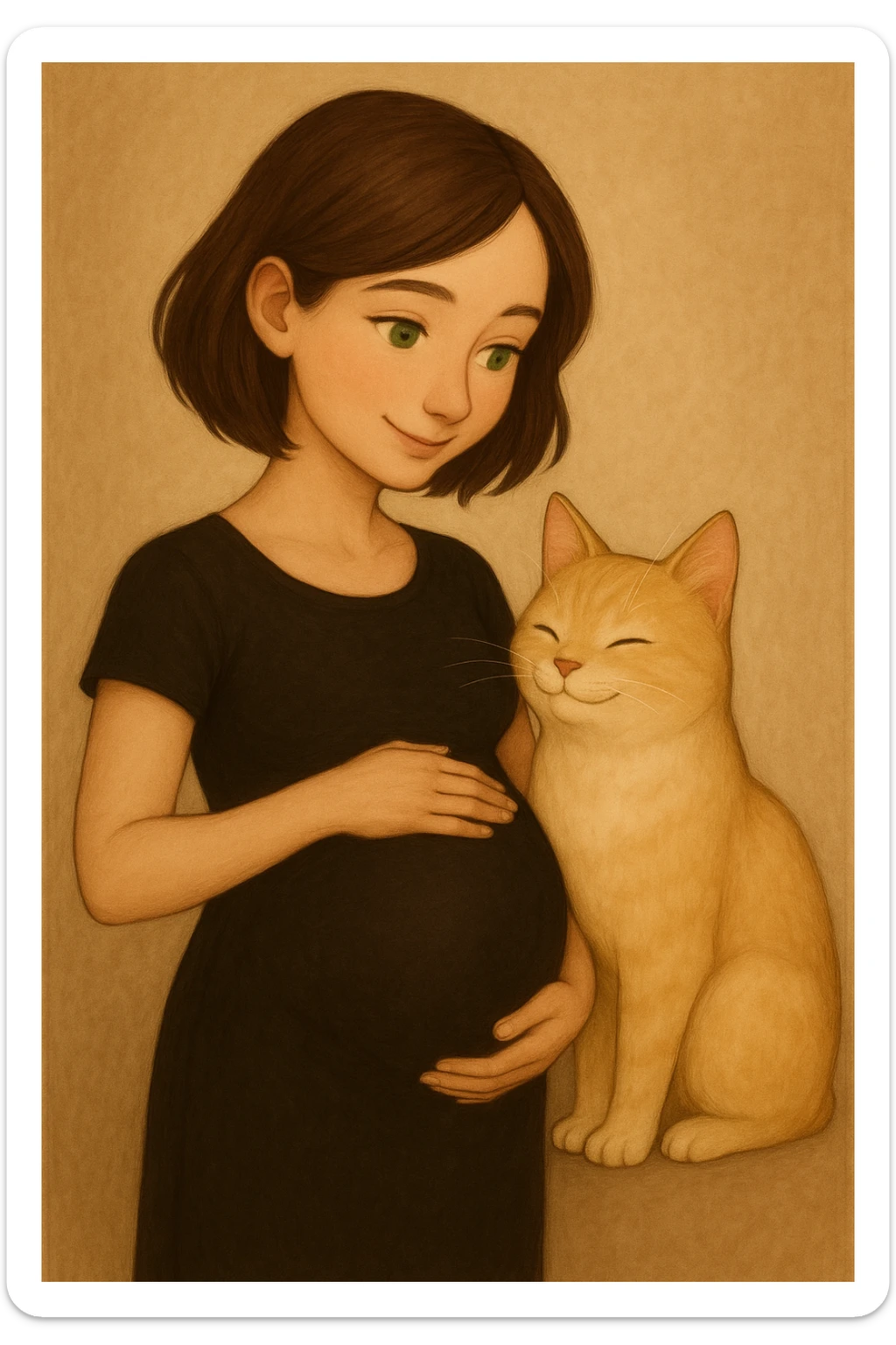 Make the girl's hair a little bit longer and put her in a black tight dress, keep her pregnant, with green eyes and a blonde cat. Maintain the original style and details of the image. sticker