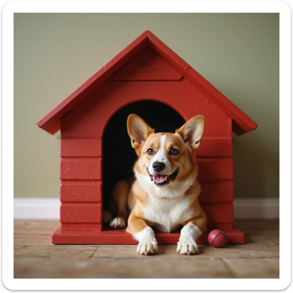 realistic red dog house with a Corgi dog inside, Corgi with a ball, photorealistic style sticker