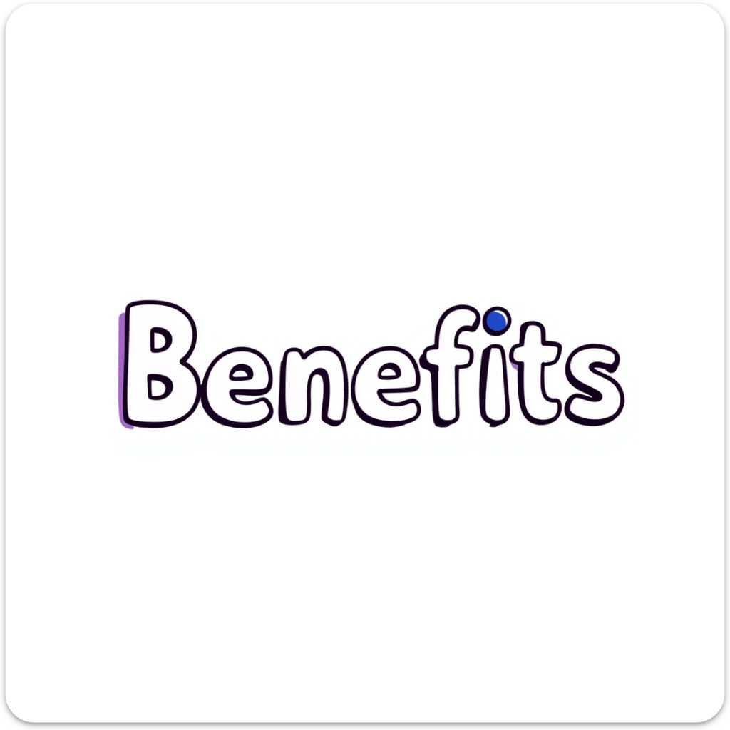 The word "Benefits" hand-drawn in white text with a few purple and blue color accents. Simple doodle style with clean design. sticker
