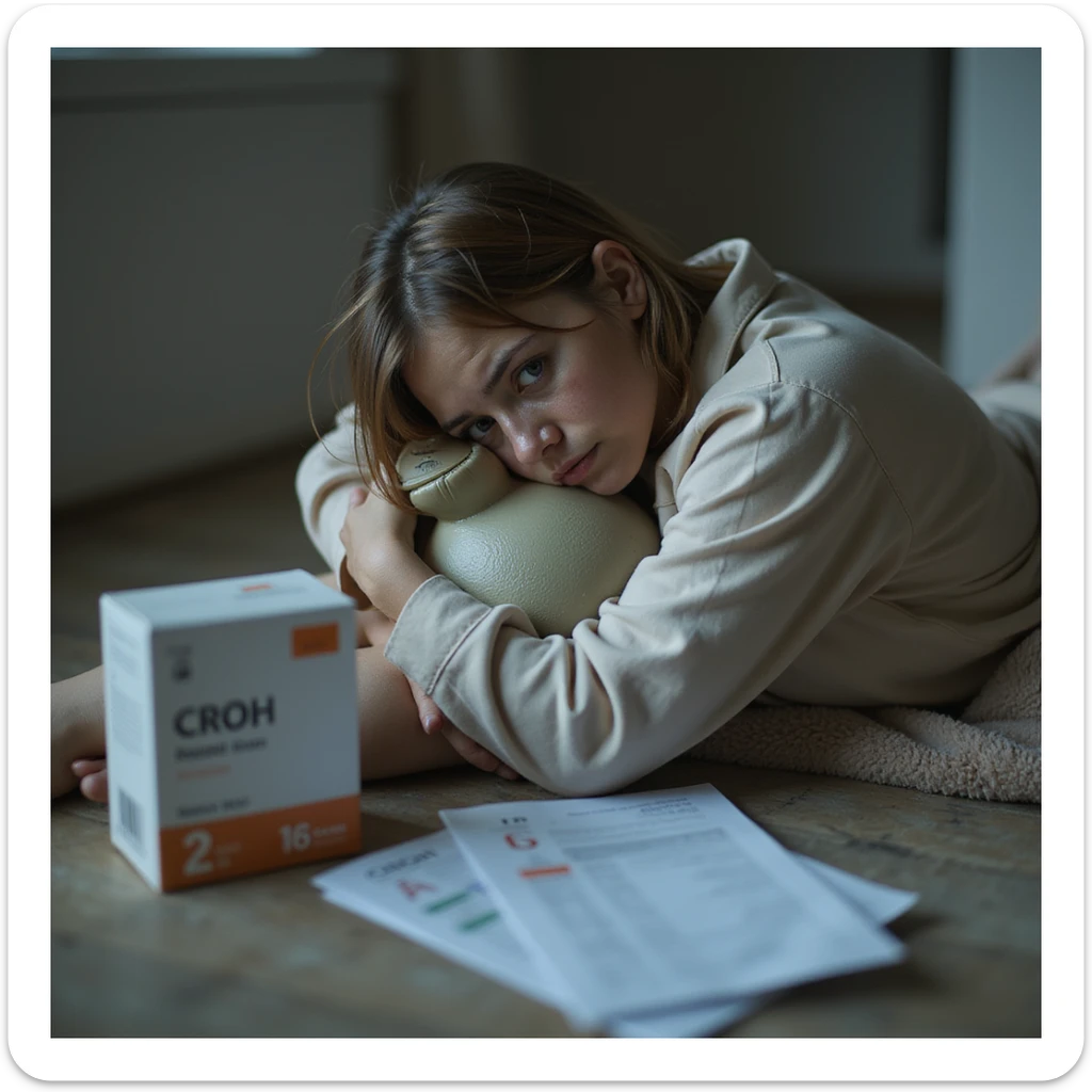 hyperrealistic 4K image of a woman in pajamas, curled up on the bathroom floor, hugging a hot water bottle, medical reports with 'Crohn' and biologic drug box next to her, pale skin and tired eyes sticker