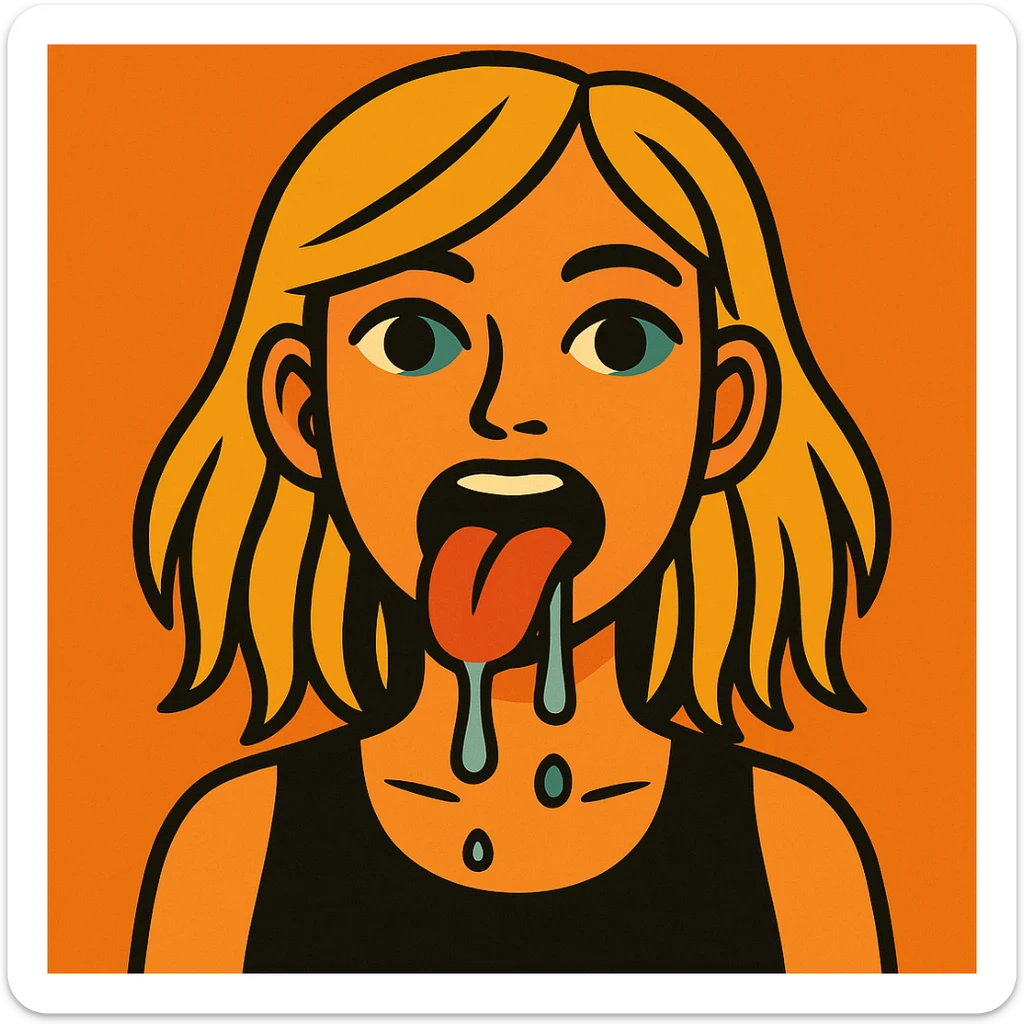 Make her hair longer, her eyes a little darker, and add more drool, keeping the vibrant toon style. sticker