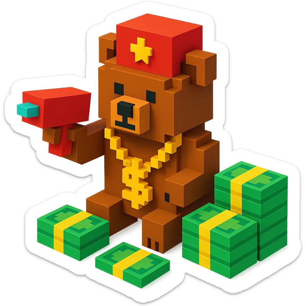 Russian grizzly bear with a rapper chain and a money gun, surrounded by stacks of money sticker