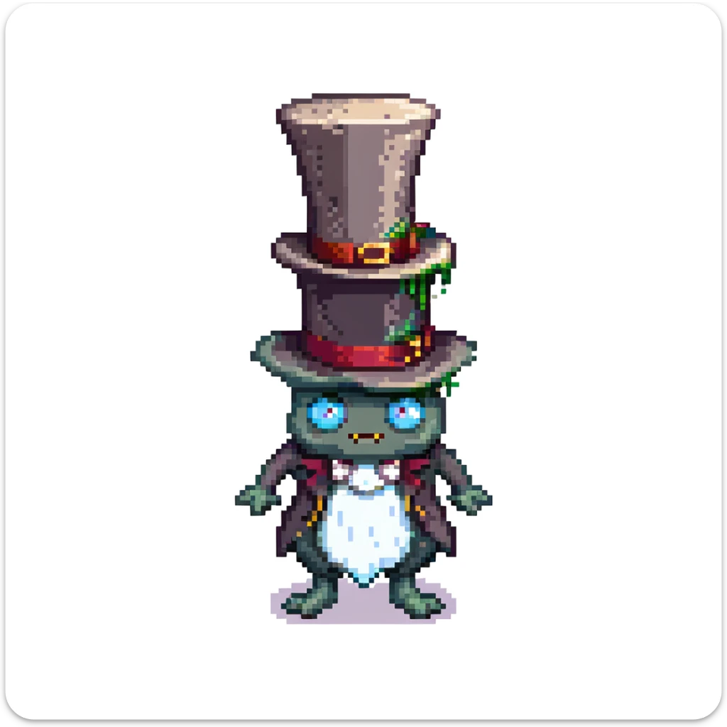 A whimsical, cartoonish 'goop' creature wearing a Victorian gentleman's black top hat, melting slightly over the brim, with expressive eyes peeking out. The background is a muted 19th-century study with warm lighting and leather books. sticker