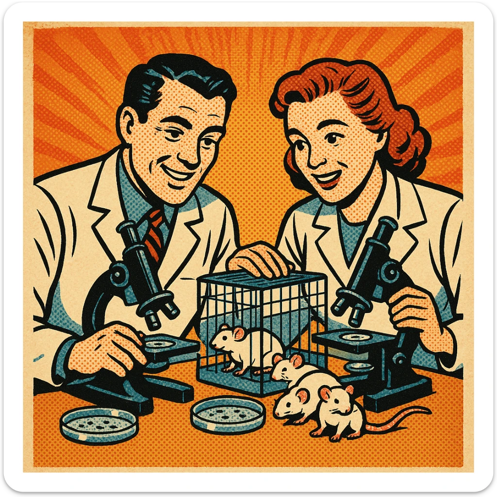 Two caring 1940s scientists wearing white lab coats over a suite in their science laboratory full of microscopes and petri dishes and happy mice in a cage. sticker
