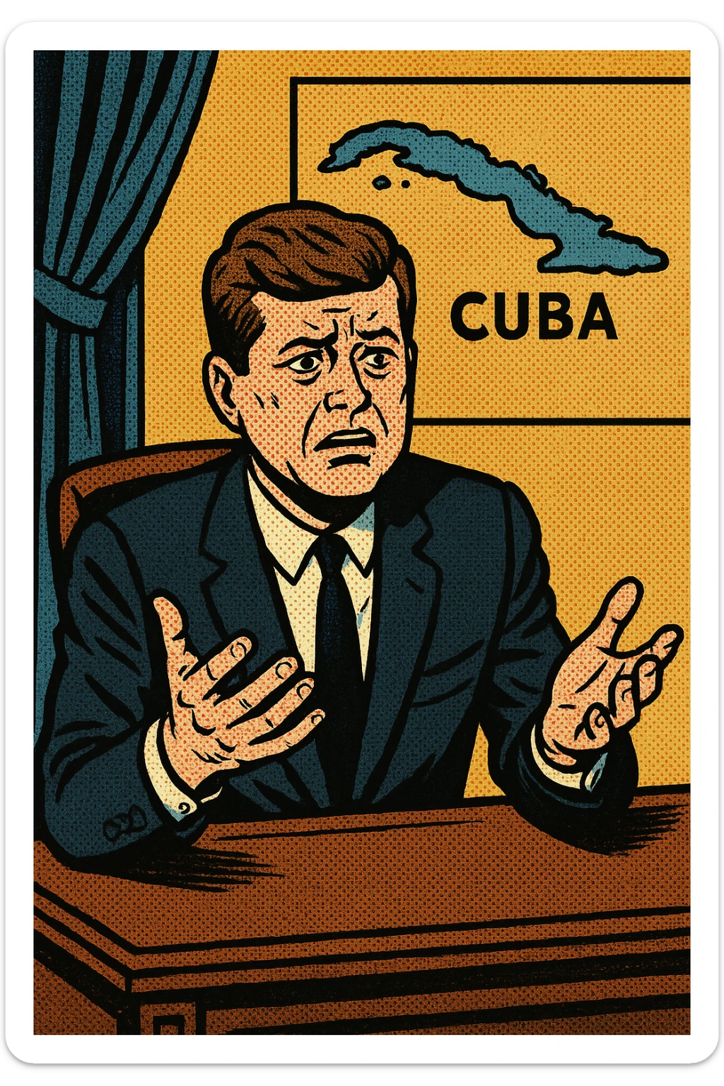 President Kennedy sitting in his office behind his desk with a worrying look on his face and his hands out trying to make a decision.  There is a map of cuba in the background sticker