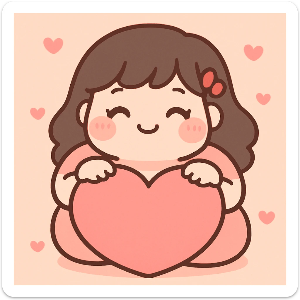 bbw anime girl with closed eyes, smiling, sitting behind a big heart, kawaii anime style, pink and red palette sticker