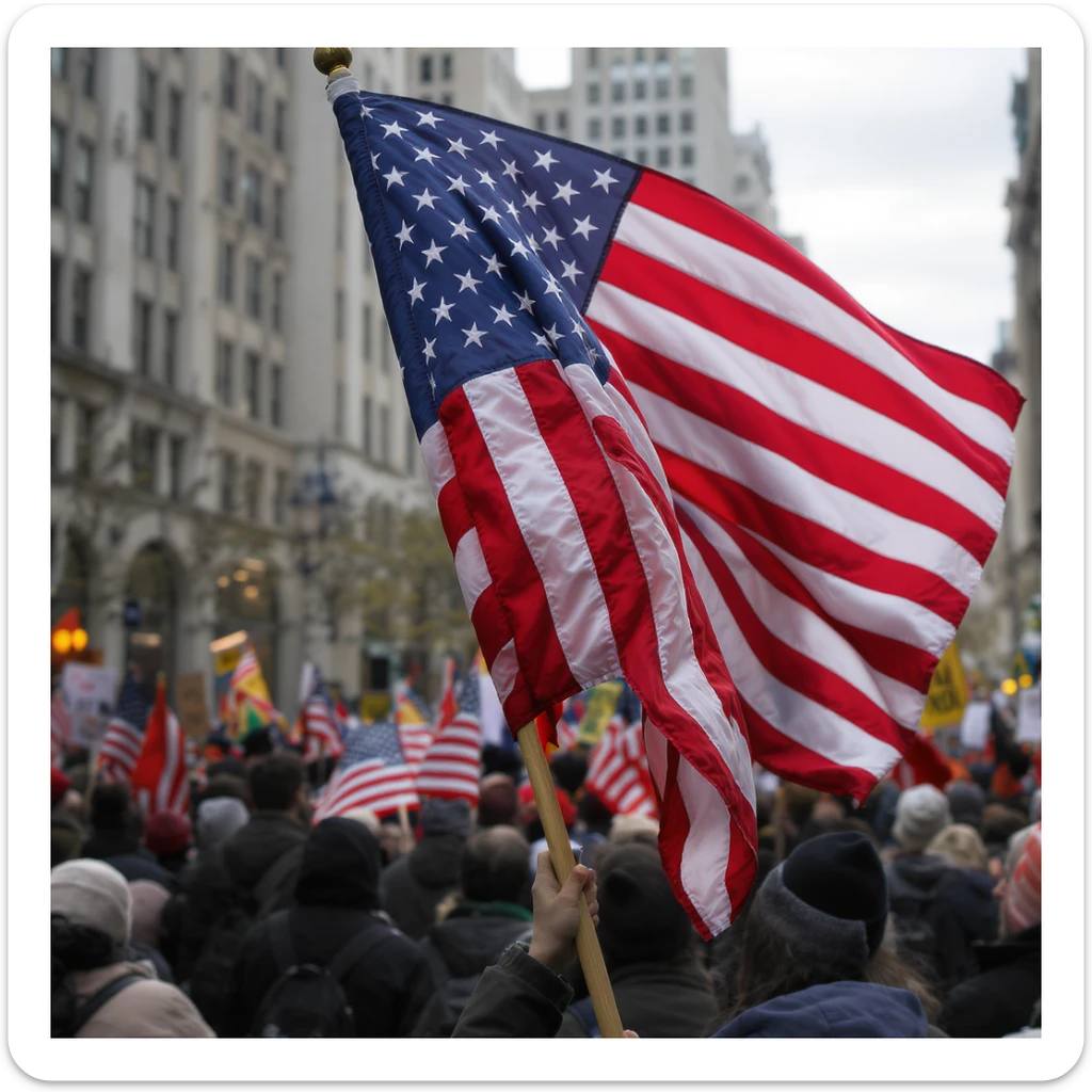 upside down American flag, realistic and somber, red, white, and blue, no cartoon look, no clouds, serious protest, no text, minimal background sticker