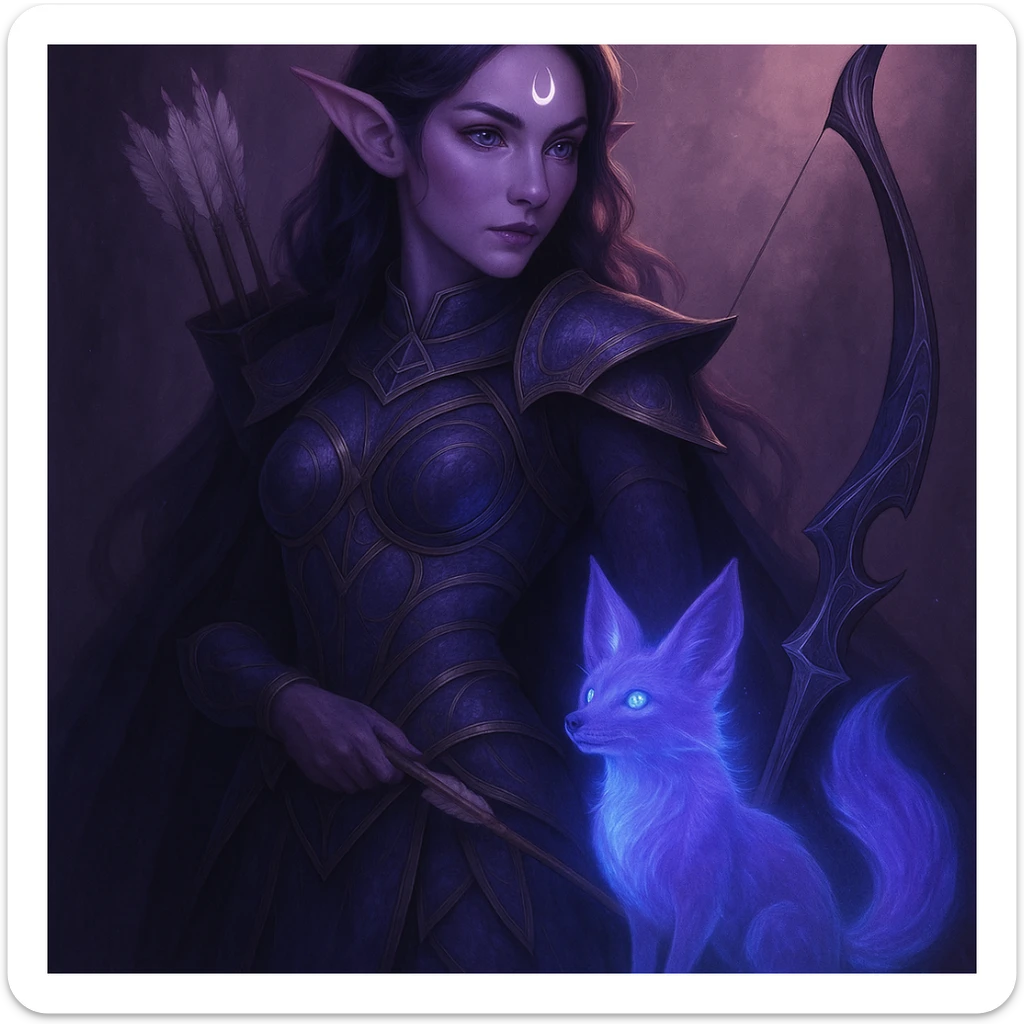Add a magical pet companion, such as a glowing spirit fox or small dragon, beside the purple fantasy elf archer. Keep the fantasy theme and color harmony in a style consistent with the original image. sticker