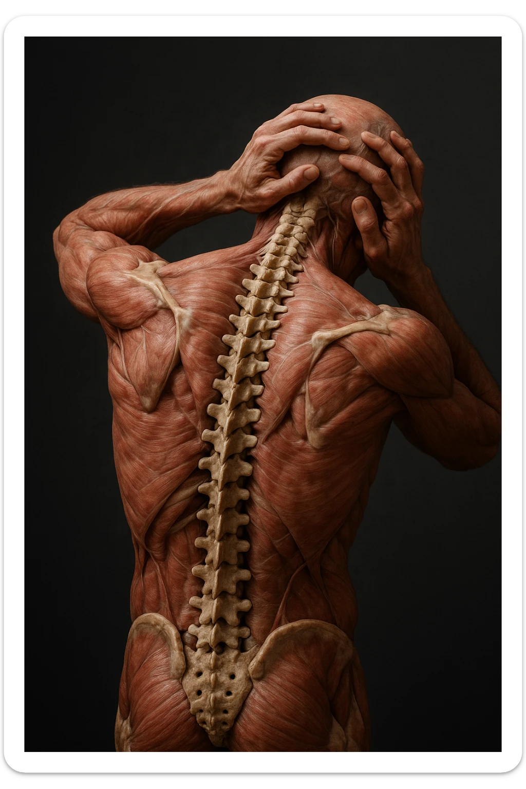 CORPO UMANO ANATOMICO con spina dorsale in evidenza, molto stanca e stressata mentre si tiene le mani sulla testa, IPERREALISTICO 4K sticker