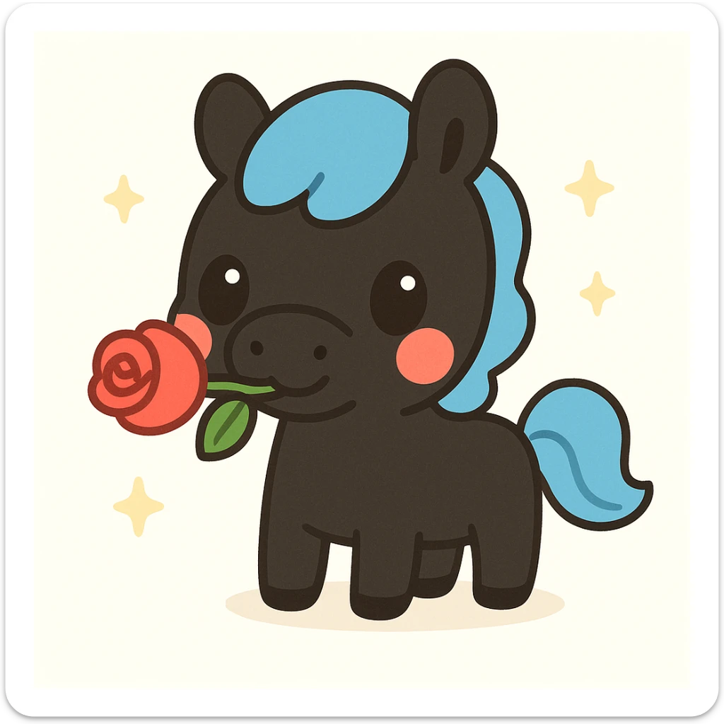 Make the horse black, keep the rose in its mouth, cute cartoon style. sticker
