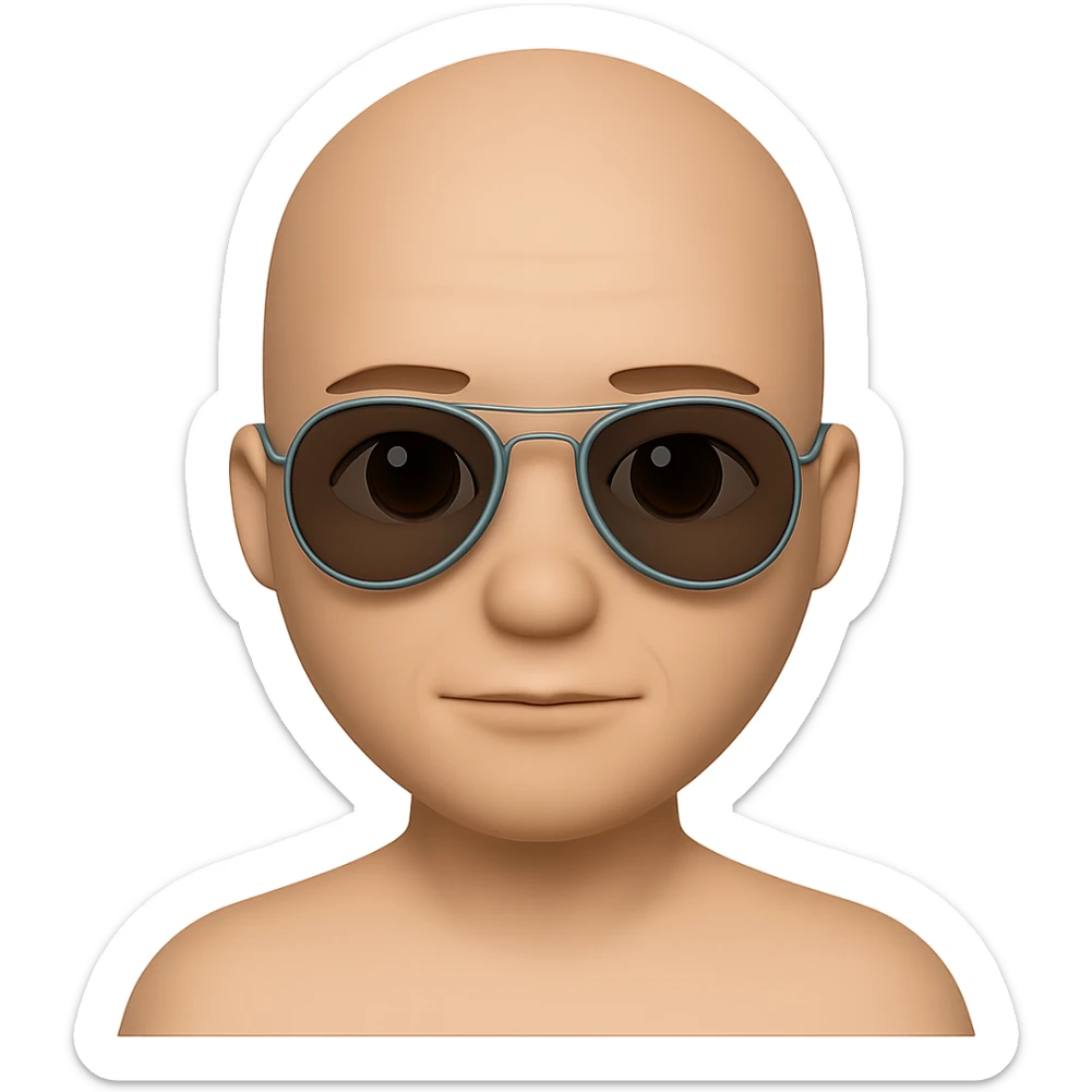 A bald guy wearing round sunglasses in the style of apple emojis, with no background, clean and crisp apple emoji style look. sticker